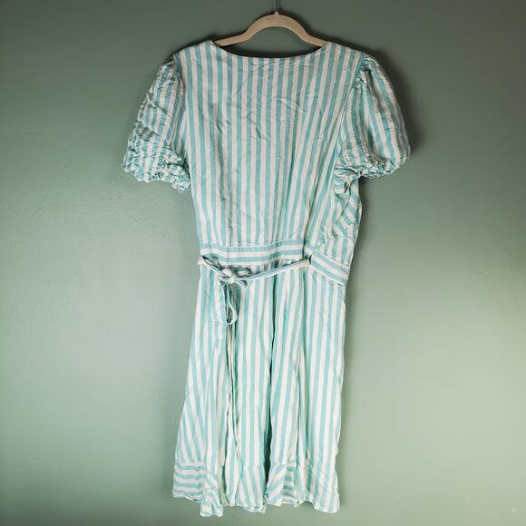 Draper James RSVP Turq White Striped Womens Puff Sleeve Wrap Dress Size Large - Picture 2 of 5